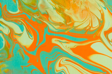 Fototapeta premium Turquoise orange beige acrylic fluid art. Abstract creative spring background. Artistic floral background. Dynamic lines, movement, contrast splash. Design of holiday cards. Fashionable marble texture
