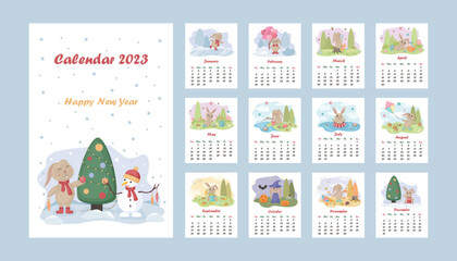 Calendar year 2023. Calendar with the image of a cute rabbit. Calendar for the year. Vector illustration