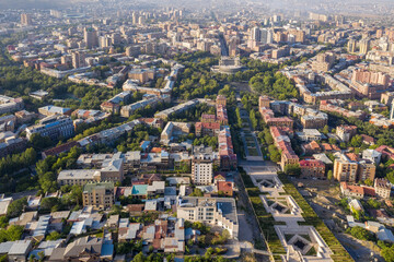 Drone view of centre of Yerevan and Cascade on sunny summer day, Armenia.