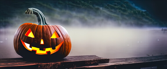 Halloween Pumpkin on wooden plate with spooky lake and fog in background