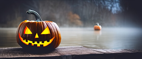 Halloween Pumpkin on wooden plate with spooky lake and fog in background - obrazy, fototapety, plakaty