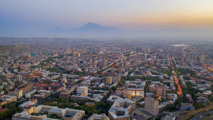 Aerial view of centre of Yerevan and Mount Ararat on early blue hour, Armenia.