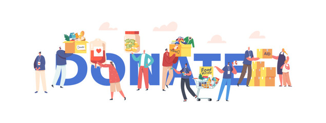 Donate, Volunteering, Charity, Philanthropy Concept. Volunteers Characters Distribute And Donating Humanitarian Aid