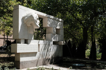 View of Sayat-Nova (Armenian poet, musician and ashugh) monument on sunny summer day. Yerevan, Armenia.
