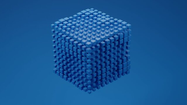 blue cube with small cubes coming out randomly in a parametric way, gradient background with blue. 3d animation