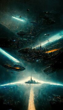 Fantasy World Human Or Alien Civilization With Space Ships And Futuristic Neo City