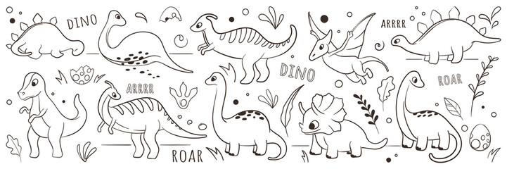 Vector set of illustration of dinosaurs in doodle style. Graphic illustration for kids design, decoration kids room, for pattern design. In line style. Coloring page.