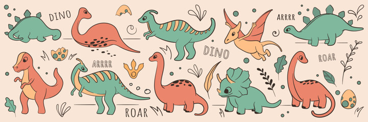 Vector set of illustration of dinosaurs in doodle style. Colorful illustration for decoration kids room, for pattern design, card, book decoration, print.