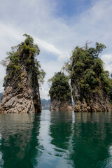 landscape view rock mountain  in Ratchaprapha Dam at Khao Sok National Park, Surat Thani Province, Thailand.