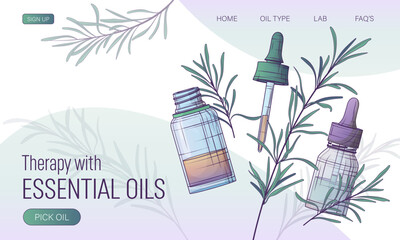 Vector website background for essential oil. Rosemary oil. Glass bottle with dropper. Pipette. Vector illustration for cosmetic, perfumery, aromatherapy. Template for banner, poster, advertising.