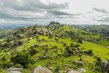 View of a rural area with green rocky hills. Eswatini, Southern Africa.