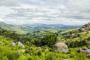 View of a rural area with green rocky hills. Eswatini, Southern Africa.