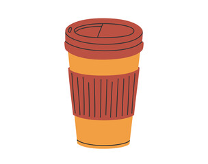 Hand drawn cute illustration of eco-friendly thermo mug. Flat vector reusable hot drink cup in simple colored doodle style. Thermos for tea coffee sticker, icon or print. Isolated on white background.