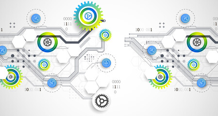 Abstract technology cogwheel concept. Circuit board, high computer color background. Vector illustration with space for content, web - template, business tech presentation.