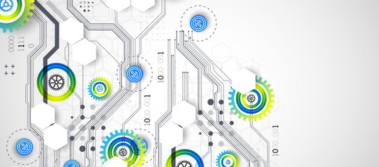 Abstract technology cogwheel concept. Circuit board, high computer color background. Vector illustration with space for content, web - template, business tech presentation.