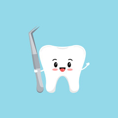 Cute tooth with dental cototn pliers tool icon isolated on blue background.