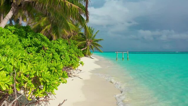 Paradise white sand beach, turquoise ocean, green palm trees and blue sky with clouds on a sunny day in island Thoddoo in Maldives. Summer tropical landscape, aerial panoramic view.