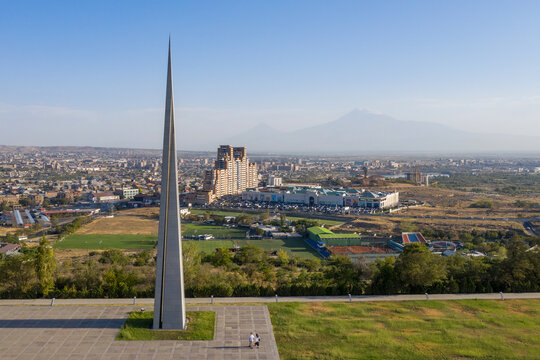 Aerial view of Tsitsernakaberd Memorial Complex and Ararat Mount on sunny summer day. Yerevan, Armenia.