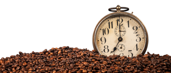 Closeup of an old alarm clock (seven o'clock) and a stack of roasted coffee beans, isolated on white or transparent background, photography, png.