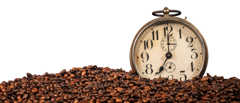 Closeup of an old alarm clock (seven o'clock) and a stack of roasted coffee beans, isolated on white or transparent background, photography, png.