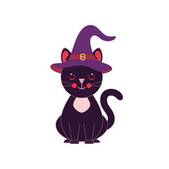 Greeting card for Halloween. Black cat in a pointed witch hat on a white background. Vector illustration.