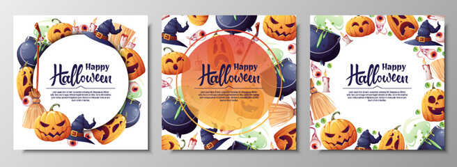 Fototapeta premium Set of vector backgrounds for Halloween invitation or greeting card. Pumpkins, witch s cauldron, broom hat. Great for flyer, banner, backdrop