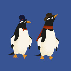 A set of illustrations of funny penguins in top hats.