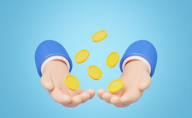 3D Gold coin float in hand isolated blue background. Business man hold money icon. Mobile banking service, cashback, refund, loan concept. Saving money wealth. 3d render Cartoon smooth. clipping path.