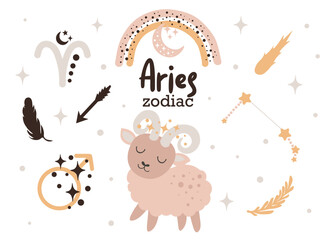 Aries zodiac sign clipart - cute kids horoscope, zodiac stars, constellation, rainbow, planet, arrow and comet isolated Vector illustration on white background. Cute vector astrological character
