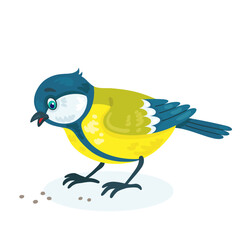 Funny little titmouse. In cartoon style. Isolated on white background. Vector flat illustration.