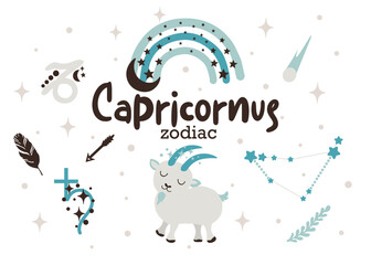 Capricornus zodiac sign clipart - cute kids horoscope, zodiac stars, constellation, rainbow, planet, arrow and comet isolated Vector illustration on white background.Cute vector astrological character