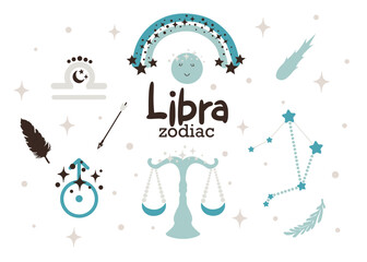 Libra zodiac sign clipart - cute kids horoscope, zodiac stars, constellation, rainbow, planet, arrow and comet isolated Vector illustration on white background. Cute vector astrological character.