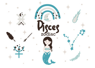 Pisces zodiac sign clipart - cute kids horoscope, zodiac stars, constellation, rainbow, planet, arrow and comet isolated Vector illustration on white background. Cute vector astrological character.
