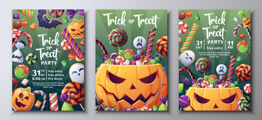 Vector set of Halloween party invitations or greeting cards with pumpkin and horrible sweets, candies, lollipops. Trick or Treat