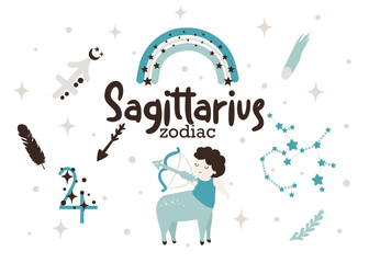 Sagittarius zodiac sign clipart - cute kids horoscope, zodiac stars, constellation, rainbow, planet, arrow and comet isolated Vector illustration on white background.Cute vector astrological character