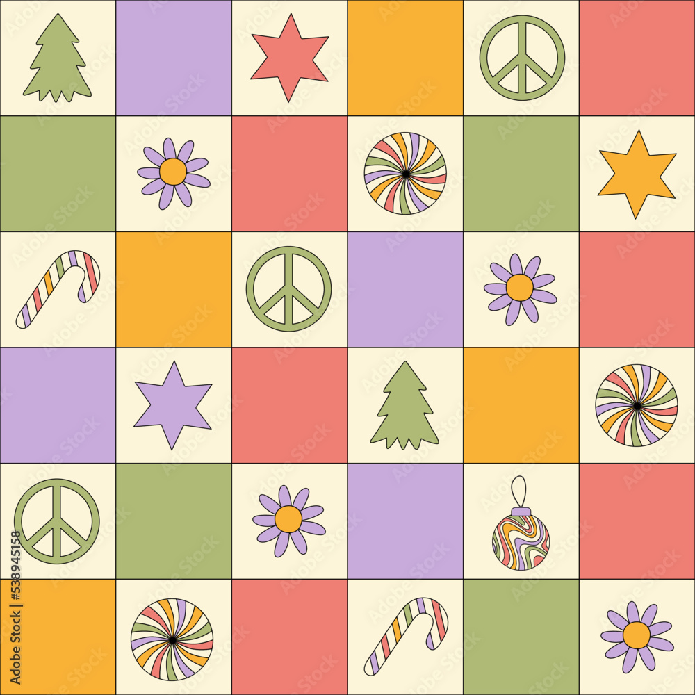 Poster retro groovy christmas seamless pattern with checkerboard and cute hippie elements. pastel colors. t