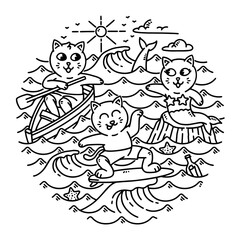 Naklejka premium A group of cats doing activities in the sea line illustration