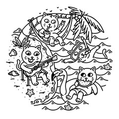 A group of cats doing activities on the beach line illustration