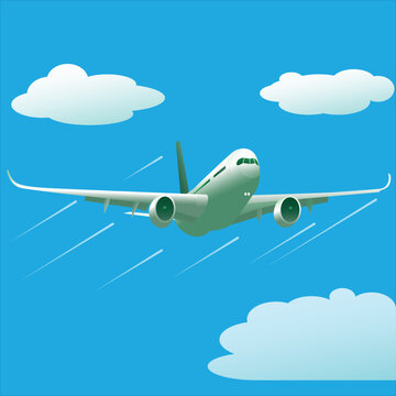 Airplane flies in the blue sky above the clouds, leaving trail behind it. Vector illustration