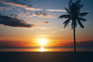Dark silhouettes of palm trees and amazing cloudy sky on sunrise at tropical island in Indian Ocean. Coconut Tree with Beautiful and romantic sunrise. Koh Tao popular tourist destination in Thailand.