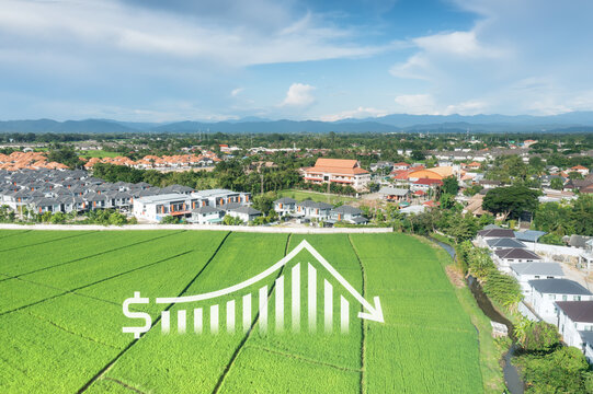 Land, landscape or green field in aerial view. Include house building, bar chart or graph, drop down arrow. Real estate or property with concept for sale price, land value to decrease, reduction, low.