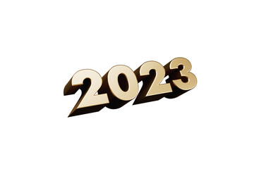 Extruded gold numbers 2023 new year without background 3d render. High quality 3d illustration