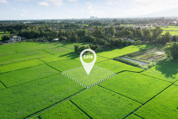 Land plot in aerial view. Real estate or property consist of empty land or green field and gps...