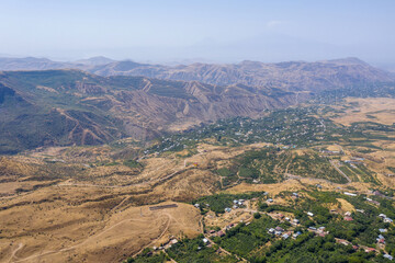 Aerial view of  Azat River valley, Geghard and Goght villages on sunny summer day.