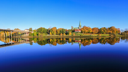 Autumn in Trondheim, view of the cathedral Nidarosdomen