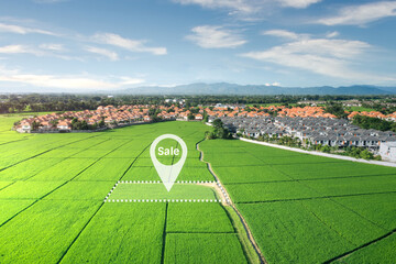 Land plot in aerial view. Real estate or property consist of empty land or green field and gps...
