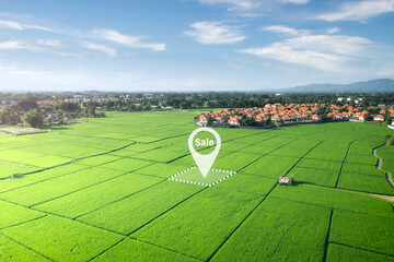 Land plot in aerial view. Real estate or property consist of empty land or green field and gps...