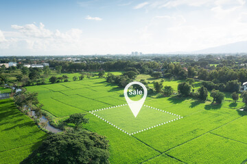 Land plot in aerial view. Real estate or property consist of empty land or green field and gps...
