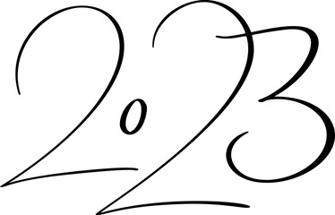 Hand drawn vector lettering calligraphy black number text 2023. Happy New Year greeting card. Vintage Christmas illustration design