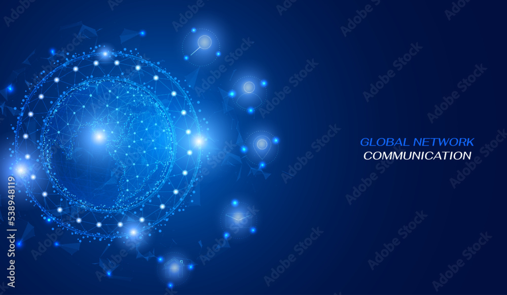 Poster global network low poly design communication. technology social media wireframe icon connection. blu